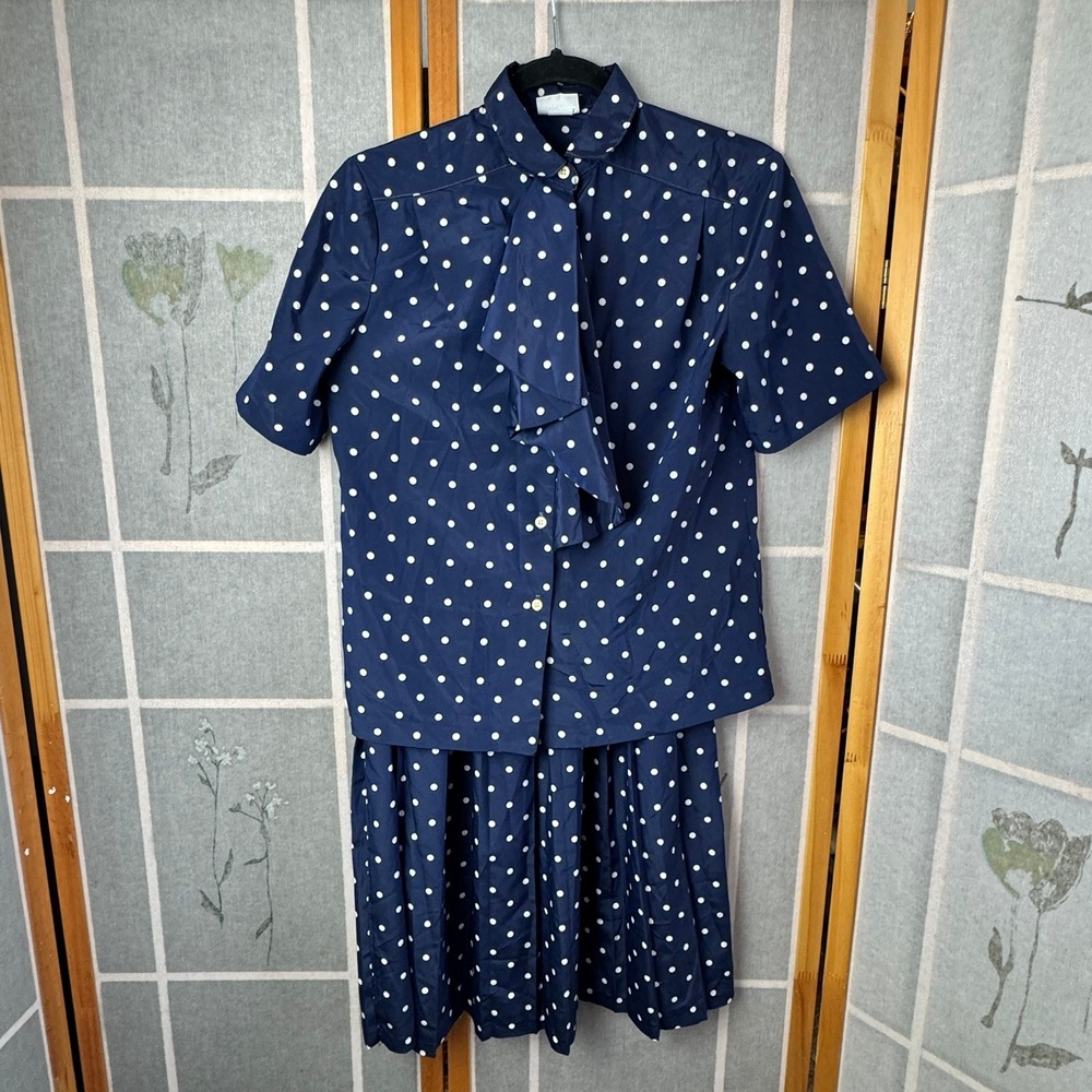 Russ Petites Vintage Navy Polka Dot Skirt Set Bow Blouse Pleated Midi USA